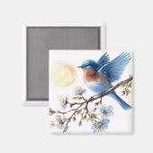Bluebird on Blossom Branch Square Magnet (Vorderseite/Rückseite)