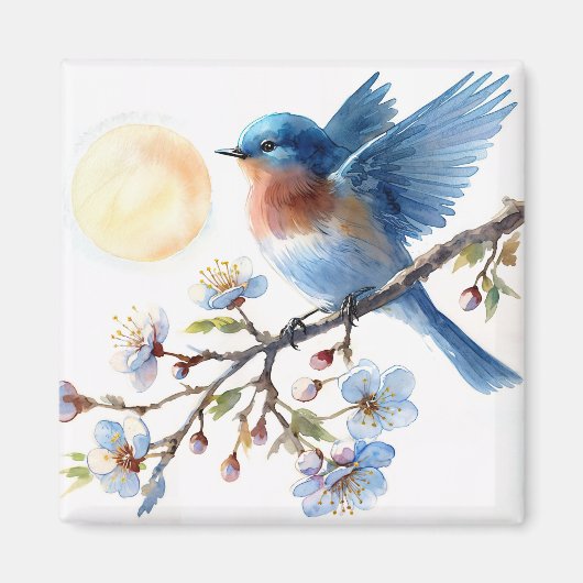 Bluebird on Blossom Branch Square Magnet (Vorne)