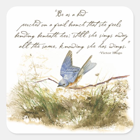 Bluebird on Branch Inspiration Gedicht Wasserfarbe Quadratischer Aufkleber (Vorderseite)