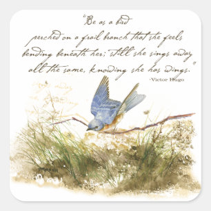 Bluebird on Branch Inspiration Gedicht Wasserfarbe Quadratischer Aufkleber