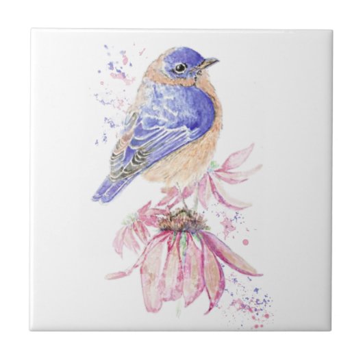 Bluebird Rosa Blume Vogelkunst Fliese (Vorderseite)
