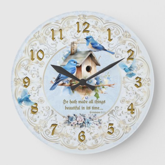 Bluebird Scripture Clock Birdhouse Ecclesiastes Große Wanduhr (Vorderseite)