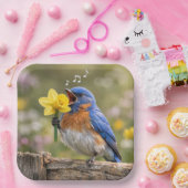 Bluebird Singing Into a Yellow Daffodil Pappteller (Party)