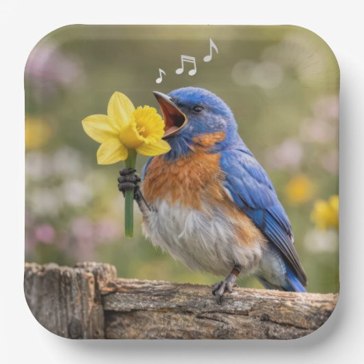 Bluebird Singing Into a Yellow Daffodil Pappteller (Vorderseite)