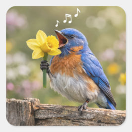 Bluebird Singing Into a Yellow Daffodil Quadratischer Aufkleber
