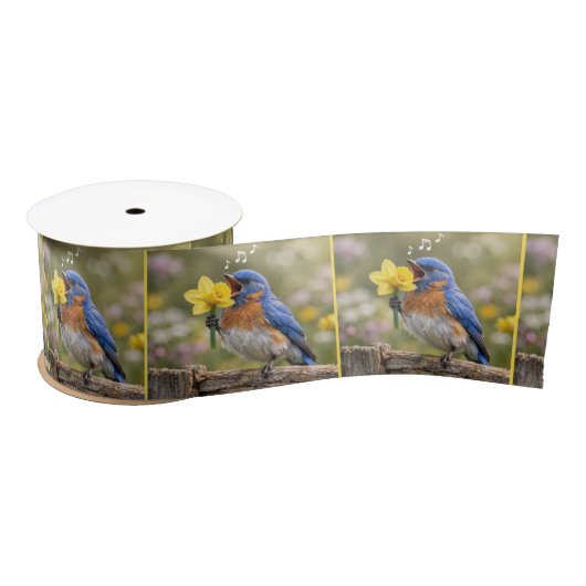 Bluebird Singing Into a Yellow Daffodil Satinband (Spule)