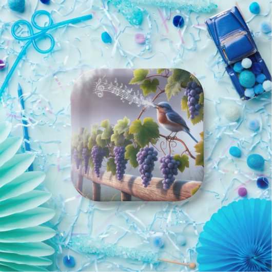 Bluebird singt auf einem Grapevine Pappteller (Party)