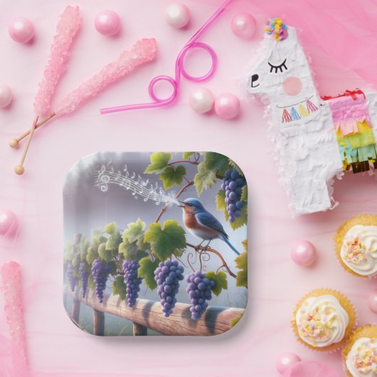 Bluebird singt auf einem Grapevine Pappteller (Party)