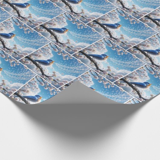 Bluebird singt auf einem Kirschbaumzweig Geschenkpapier (Ecke)