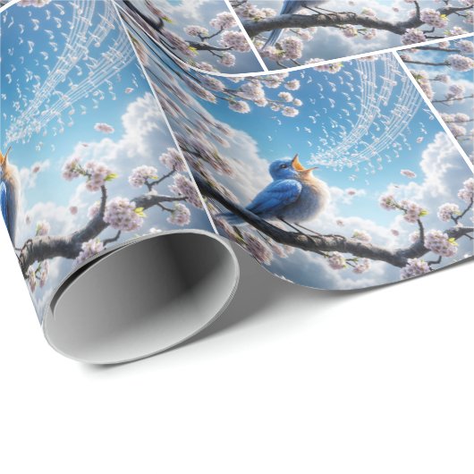 Bluebird singt auf einem Kirschbaumzweig Geschenkpapier (Rolleneckpunkt)