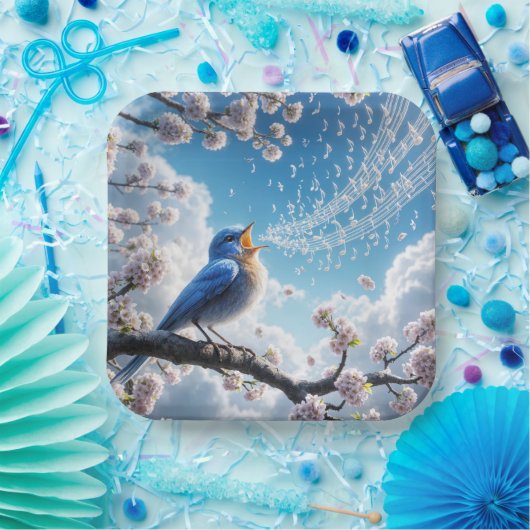 Bluebird singt auf einem Kirschbaumzweig Pappteller (Party)