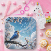 Bluebird singt auf einem Kirschbaumzweig Pappteller (Party)