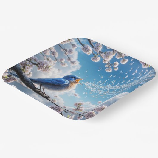 Bluebird singt auf einem Kirschbaumzweig Pappteller (Gewinkelt)