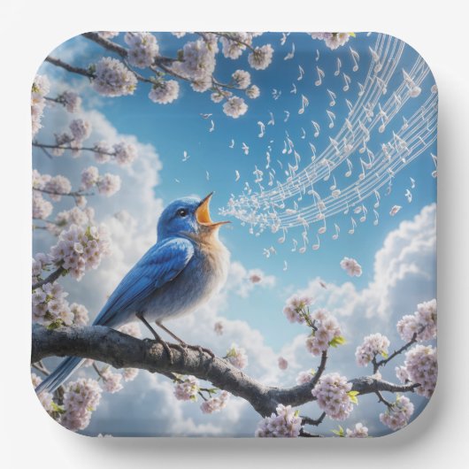 Bluebird singt auf einem Kirschbaumzweig Pappteller (Vorderseite)