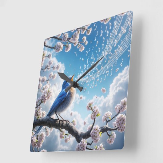 Bluebird singt auf einem Kirschbaumzweig Quadratische Wanduhr (Winkel)