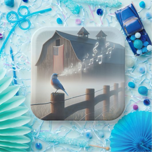 Bluebird singt in Morgennebel Pappteller (Party)