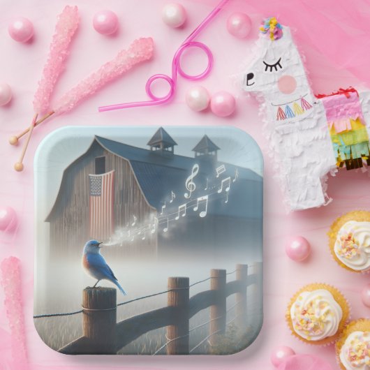 Bluebird singt in Morgennebel Pappteller (Party)