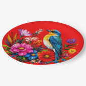 Bluebird unter farbenfrohen Frühlingsblumen Pappteller (Schrägansicht)