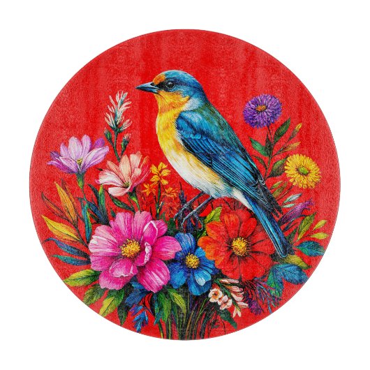 Bluebird unter farbenfrohen Frühlingsblumen Schneidebrett (Vorderseite)