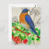 Bluebird Watercolor-Rote Rosen Collage Postkarte (Vorne/Hinten)