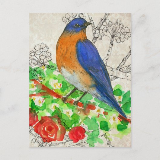 Bluebird Watercolor-Rote Rosen Collage Postkarte (Vorderseite)