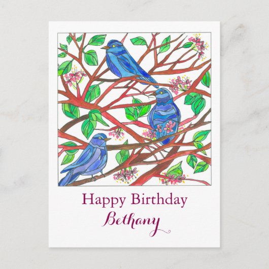 Bluebird Zeichnend Individuelle Name Happy Birthda Postkarte (Vorderseite)