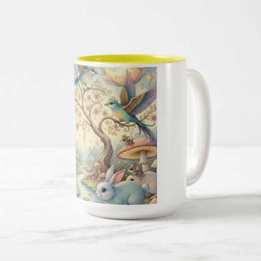 Bluebirds and Rabbits in a Dream Garden Zweifarbige Tasse (VorderseiteRechts)