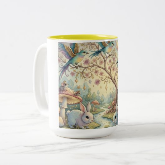 Bluebirds and Rabbits in a Dream Garden Zweifarbige Tasse (Vorderseite Links)