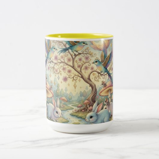 Bluebirds and Rabbits in a Dream Garden Zweifarbige Tasse (Mittel)