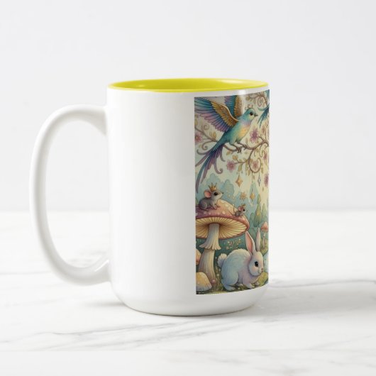 Bluebirds and Rabbits in a Dream Garden Zweifarbige Tasse (Links)