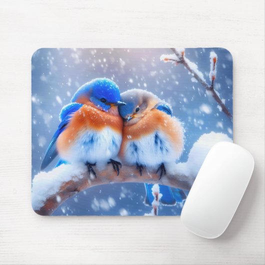 Bluebirds auf einem verschneiten Zweig Mousepad (Mit Mouse)