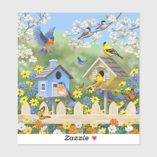 Bluebirds Goldfinches Birdhouses Blumengarten Aufkleber (Blatt)