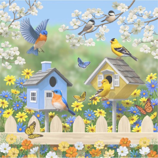 Bluebirds Goldfinches Birdhouses Blumengarten Aufkleber (Vorderseite)