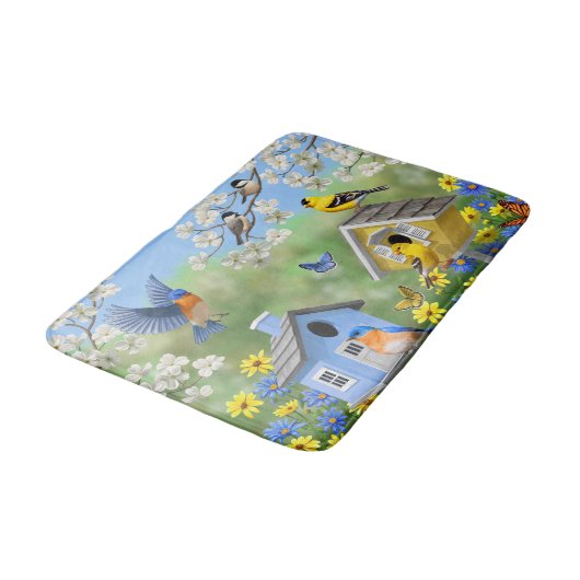 Bluebirds Goldfinches Birdhouses Blumengarten Badematte (Schrägansicht)