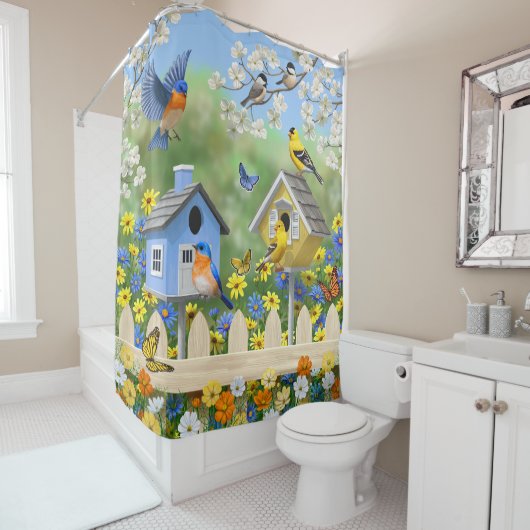 Bluebirds Goldfinches Birdhouses Blumengarten Duschvorhang (Beispiel)