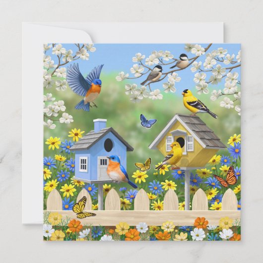 Bluebirds Goldfinches Birdhouses Blumengarten Einladung (Vorderseite)