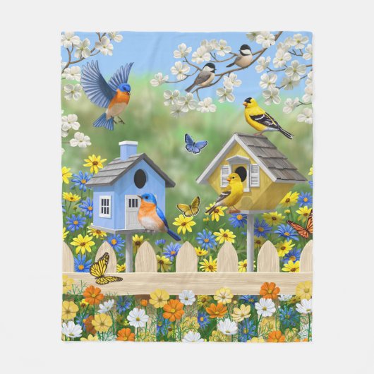 Bluebirds Goldfinches Birdhouses Blumengarten Fleecedecke (Vorderseite)