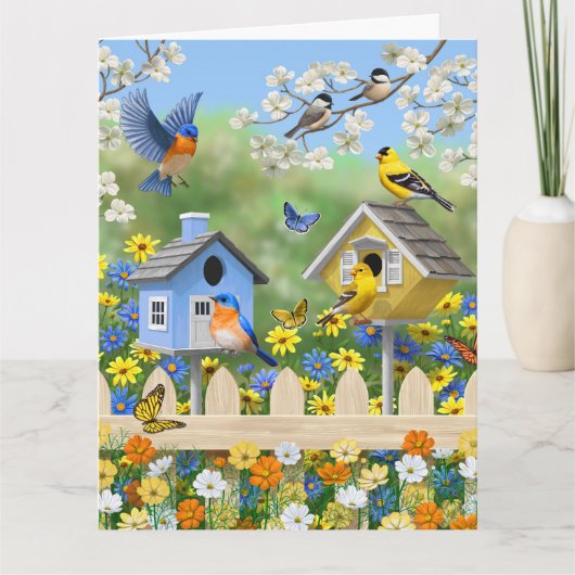 Bluebirds Goldfinches Birdhouses Blumengarten Karte (Vorderseite)