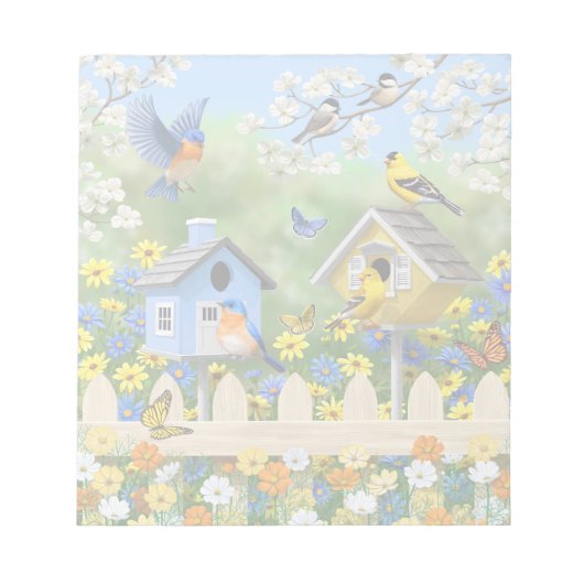 Bluebirds Goldfinches Birdhouses Blumengarten Notizblock (Vorderseite)
