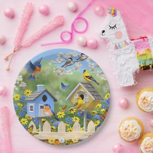 Bluebirds Goldfinches Birdhouses Blumengarten Pappteller (Party)