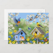 Bluebirds Goldfinches Birdhouses Blumengarten Postkarte (Vorne/Hinten)