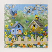 Bluebirds Goldfinches Birdhouses Blumengarten Puzzle (Vertikal)
