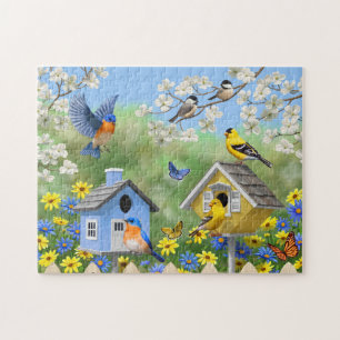 Bluebirds Goldfinches Birdhouses Blumengarten Puzzle