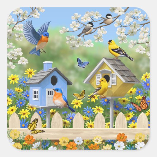 Bluebirds Goldfinches Birdhouses Blumengarten Quadratischer Aufkleber (Vorderseite)