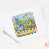 Bluebirds Goldfinches Birdhouses Blumengarten Quadratischer Aufkleber (Umschlag)