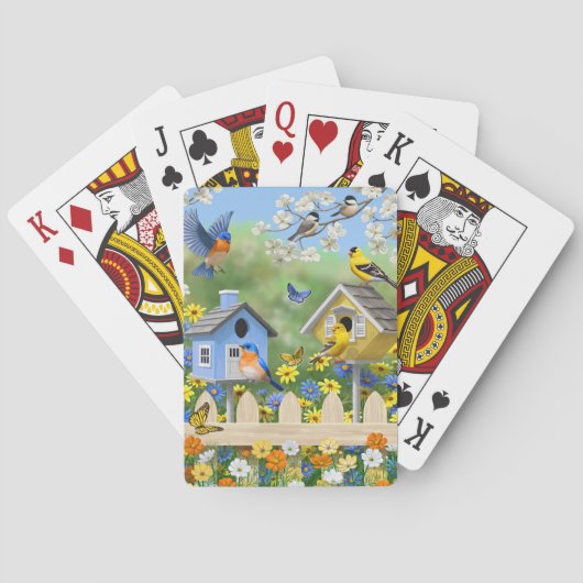 Bluebirds Goldfinches Birdhouses Blumengarten Spielkarten (Rückseite)