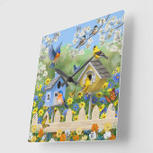 Bluebirds Goldfinches Birdhouses Flower Garden Quadratische Wanduhr (Winkel)