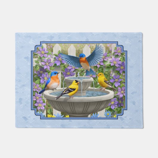 Bluebirds Goldfingen Blumengarten Blauer Brunnen Fußmatte (Vorderseite)