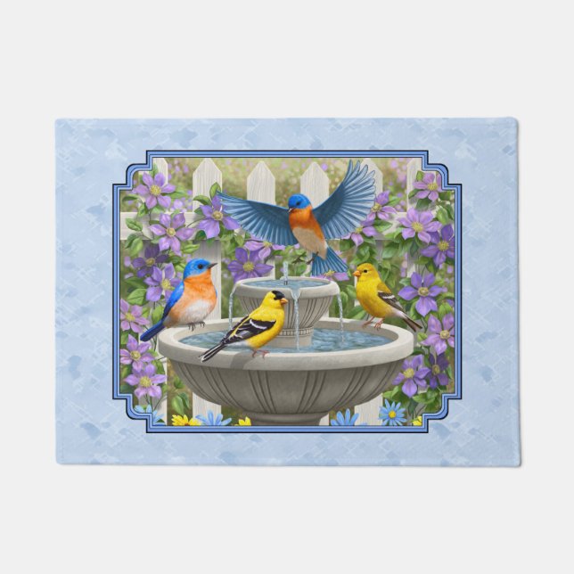 Bluebirds Goldfingen Blumengarten Blauer Brunnen Fußmatte (Vorderseite)