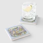 Bluebirds Goldfingen Blumengarten Blauer Brunnen Steinuntersetzer (Seitenansicht)